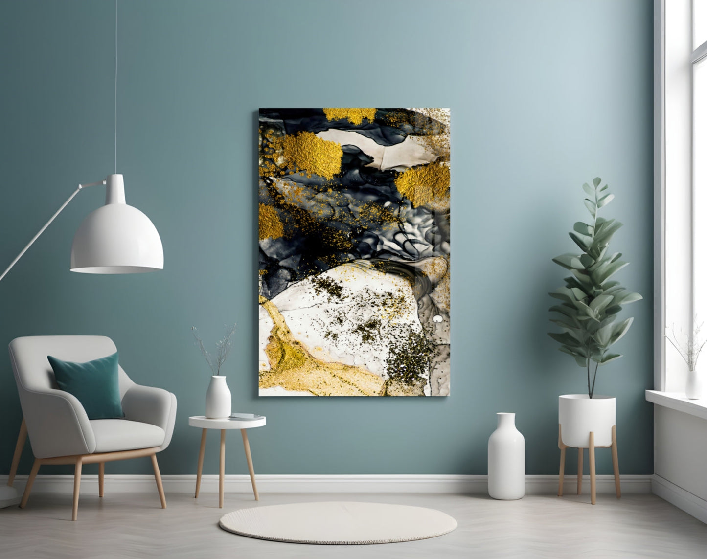Dance of Yellow Glass Wall Art displayed on a teal wall above a white chair and potted plant in a modern living room setting.