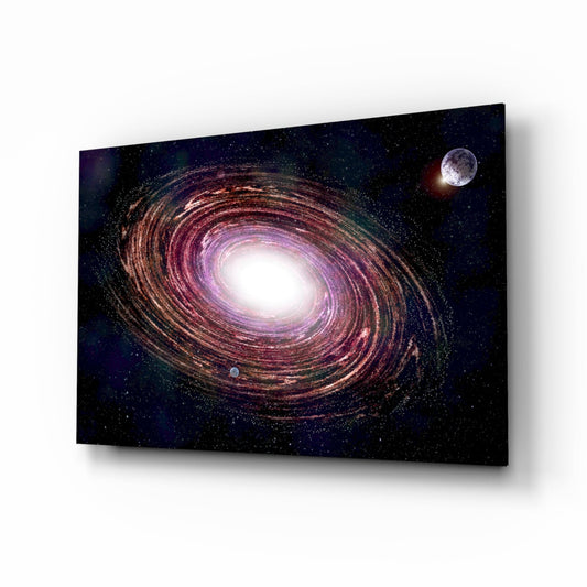 Glass wall art mounted at an angle displays a spiral galaxy with purple and brown bands, bright white center, and moon in upper right corner against starry black background.