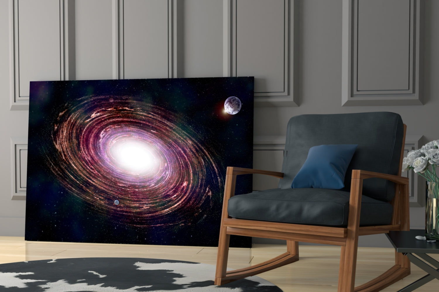Milky Way Glass Wall Art displaying a spiral galaxy with purple and gold tones displayed in a modern living room next to a wooden chair.