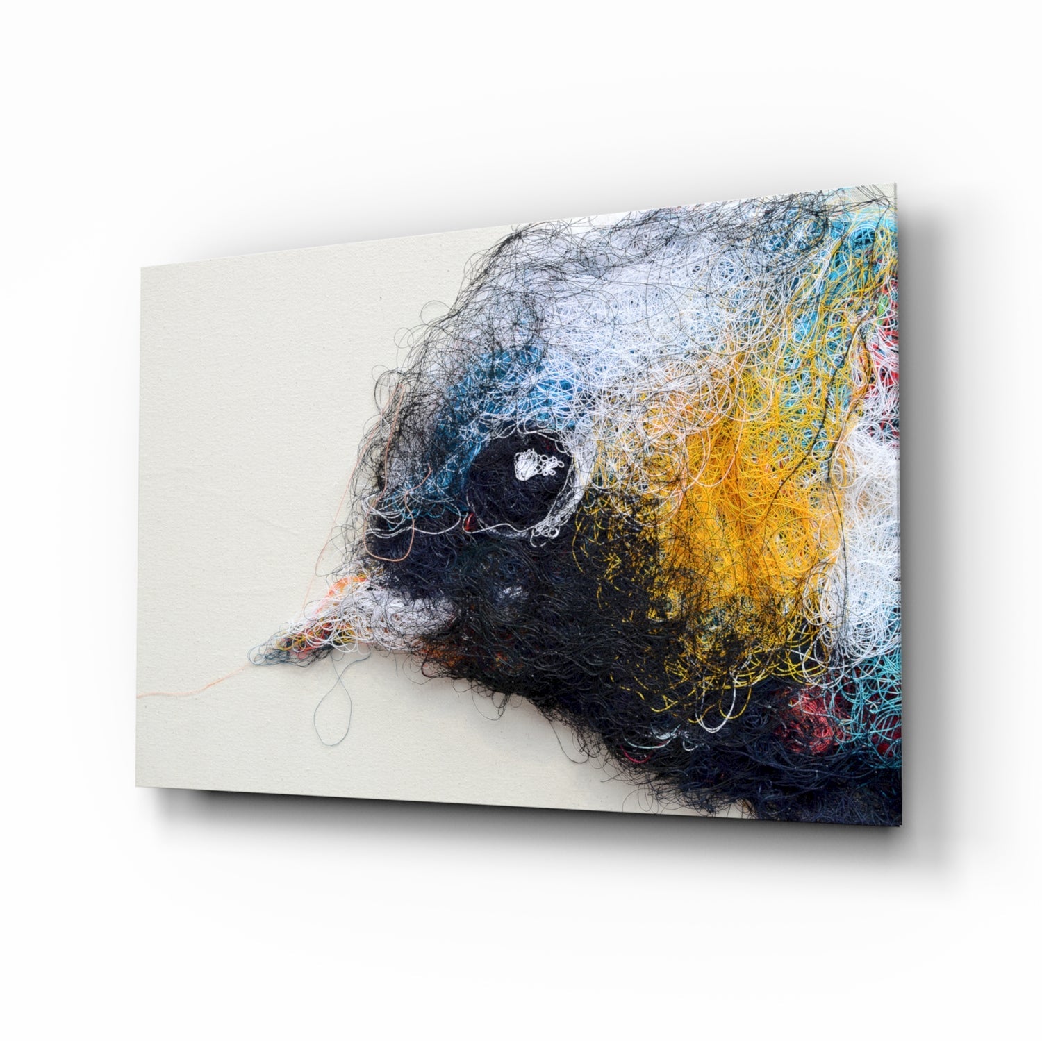 Angled view of glass wall art featuring a stylized bird head in black with colorful tangled wire details in yellow, blue, and red against white background.