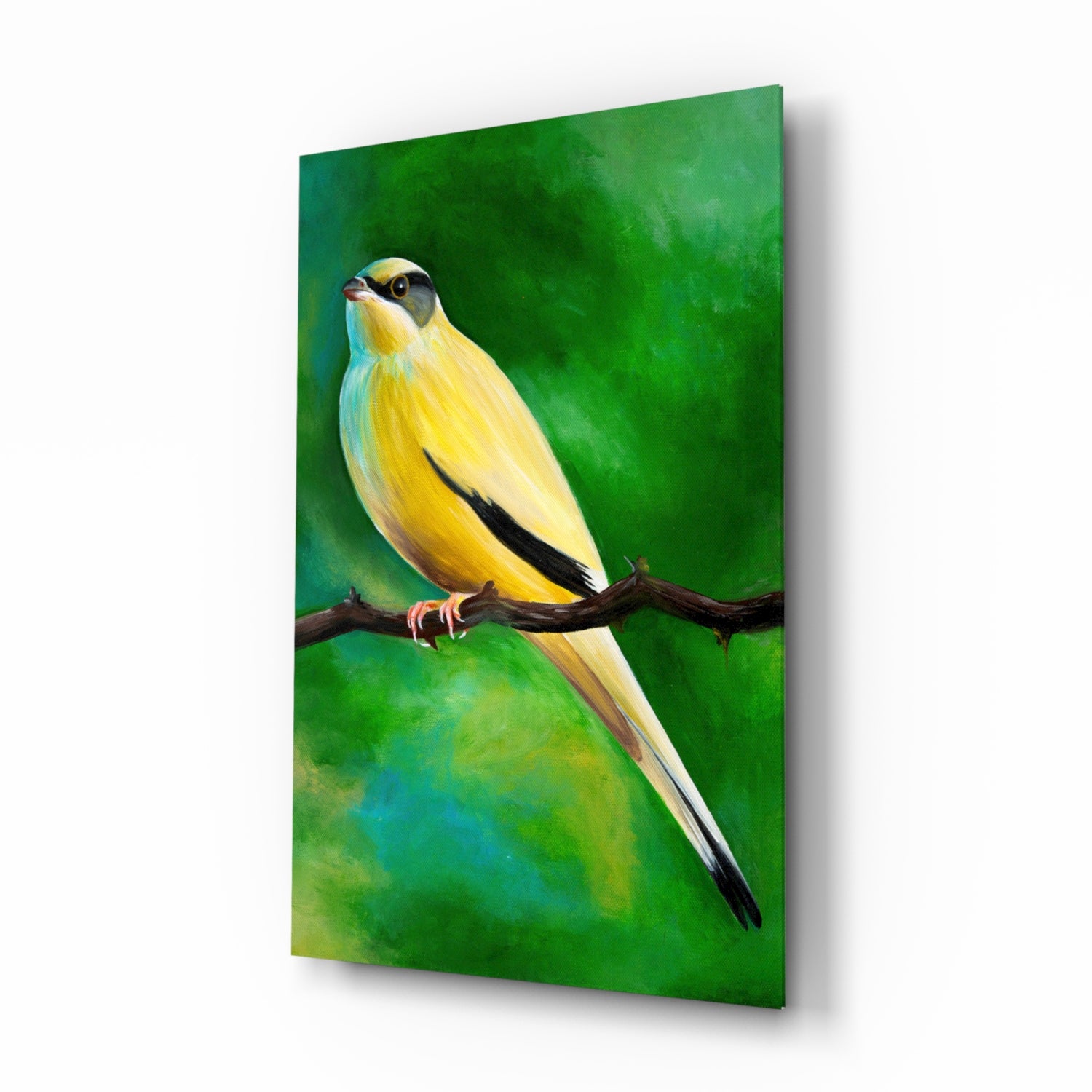 Yellow bird with black markings perched on brown branch against green gradient glass panel, angled perspective view.