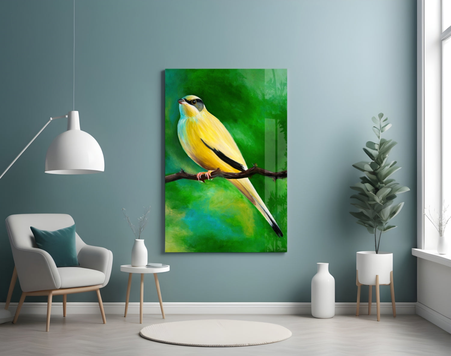 Yellow and black bird on branch against green gradient background, displayed on teal wall in modern living room setting.
