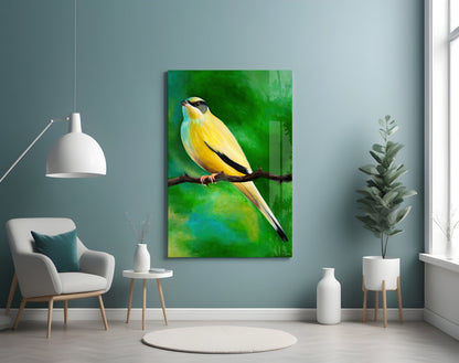 Yellow and black bird on branch against green gradient background, displayed on teal wall in modern living room setting.