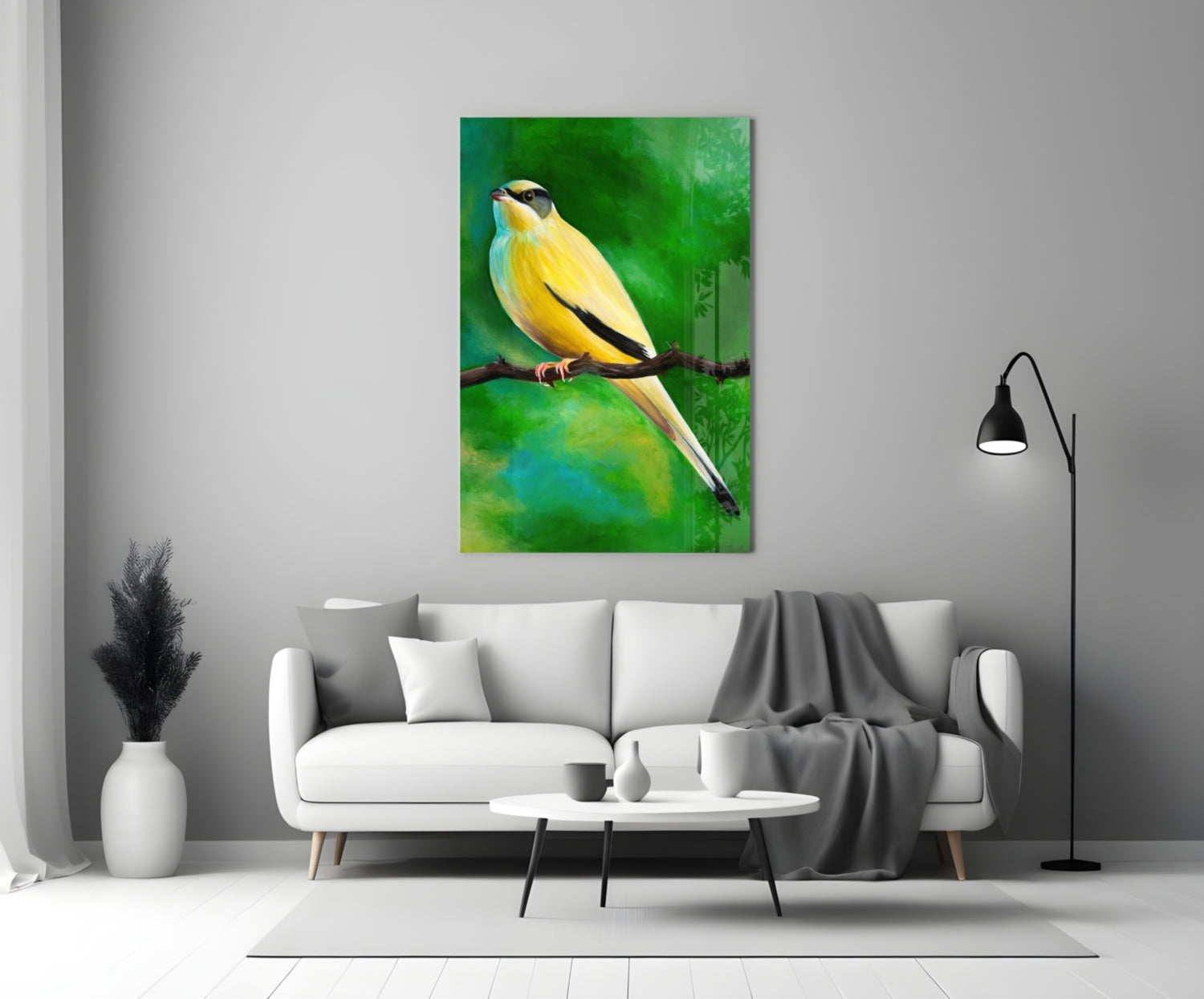 Yellow and black bird on brown branch against green gradient background, displayed on white living room wall above sofa.