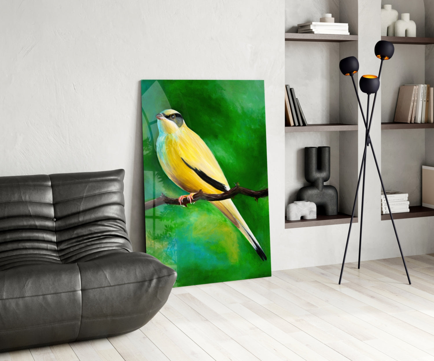 Yellow and green glass wall art depicting a bird perched on a branch, displayed in a modern living room setting.