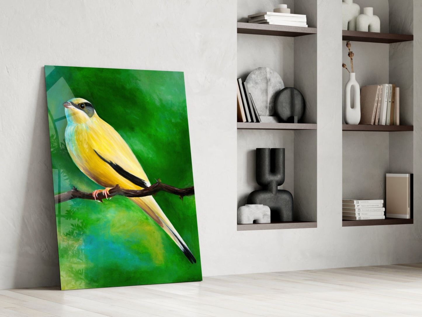 Yellow and black bird on green background glass art leaning against white wall beside shelving unit.