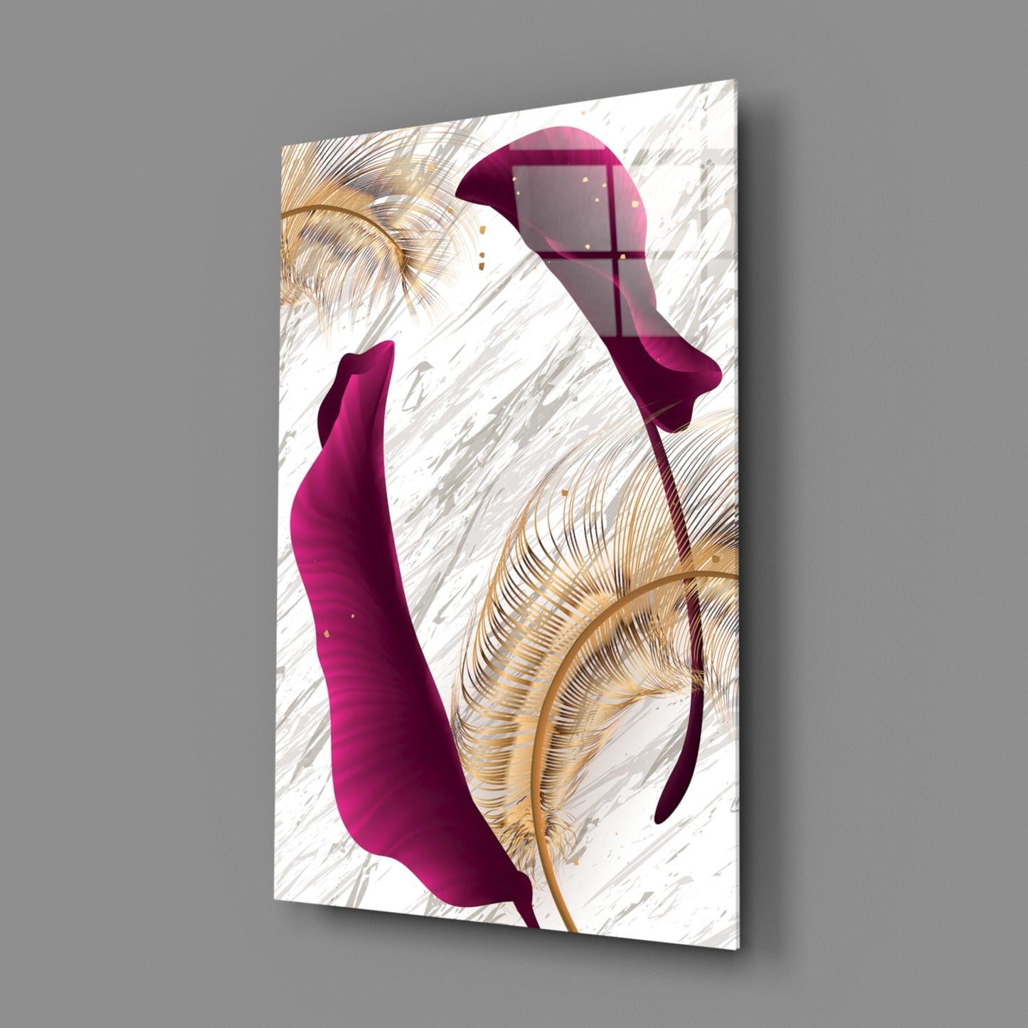 Angled side view of burgundy glass wall art featuring maroon silhouettes and gold leaf botanical designs on white textured background.