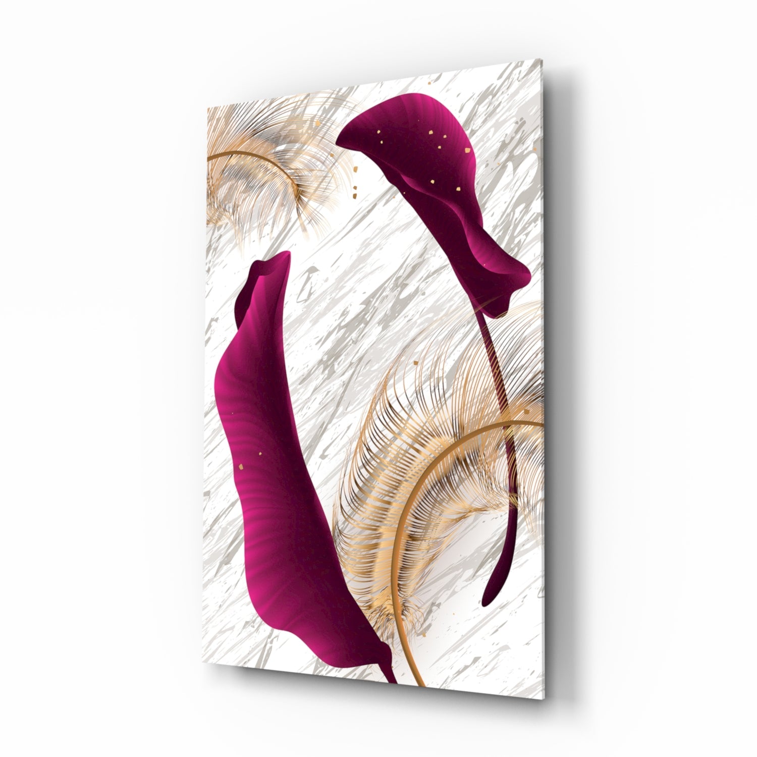 Modern glass wall art featuring two burgundy curved leaf shapes with gold botanical line drawings on a white textured background, displayed at an angle.
