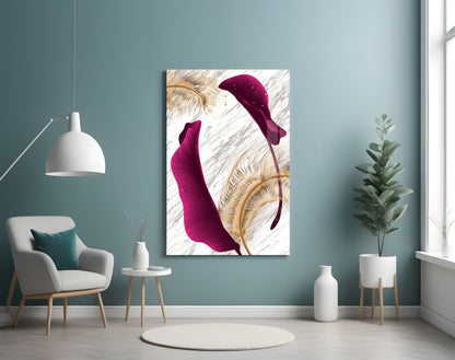Burgundy Leaves Glass Wall Art displayed on a blue-green wall in a modern living room with white furniture and plants.