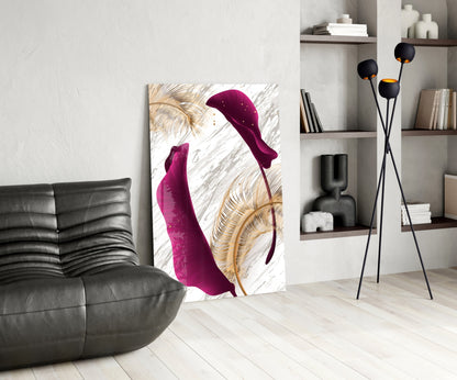 Burgundy leaves glass wall art displayed in modern living room with black sofa, shelving unit, and floor lamp.