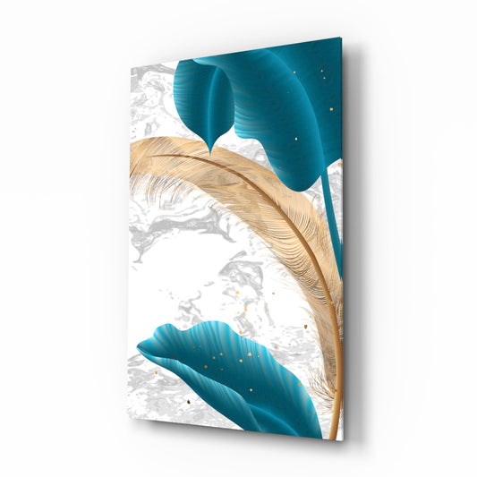 Angled perspective view of glass wall art displaying turquoise and tan leaves with gray marble texture on white background.