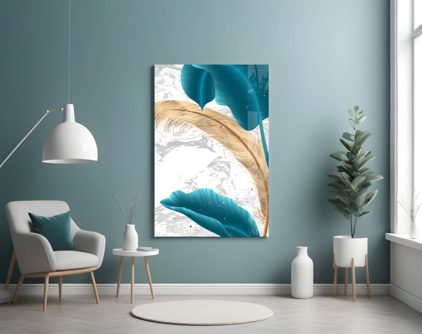 Turquoise leaves glass wall art displayed in a serene room setting with teal walls, white furniture, and potted plants.
