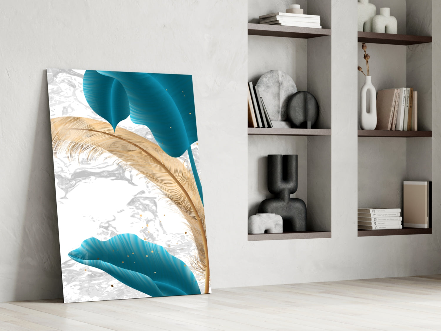 Turquoise Leaves Glass Wall Art leaning against white wall beside shelving unit displaying decorative objects and books.