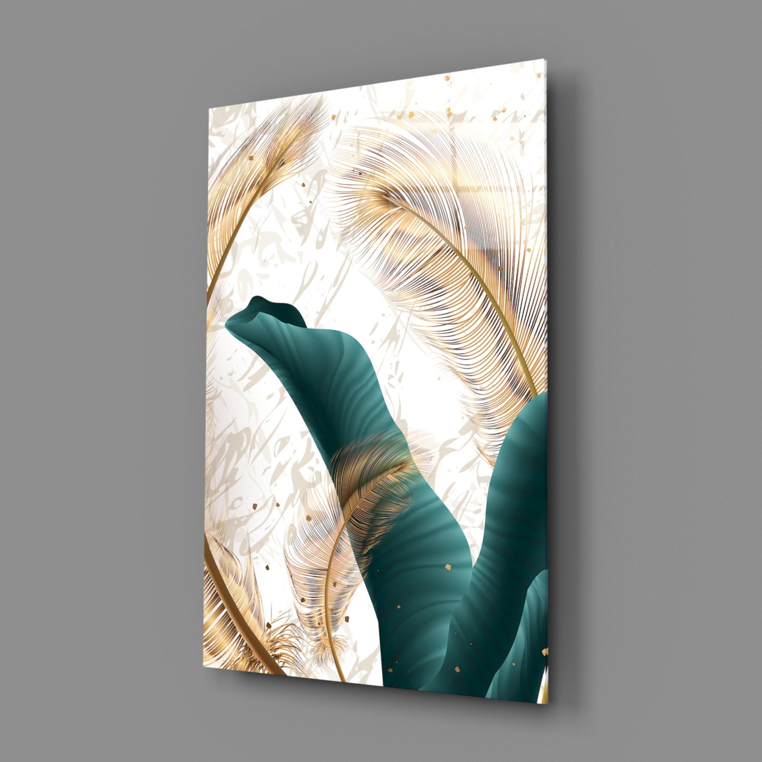 Angled product view of glass wall art featuring teal curved shapes and gold linear leaf designs on white background.