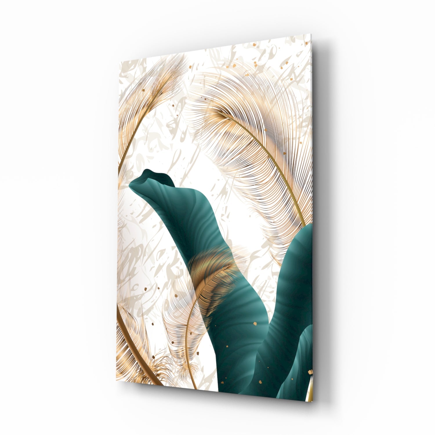 Glass wall art panel featuring teal leaf shapes with gold line-drawn botanical details on cream background, angled product shot.