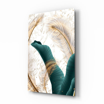 Glass wall art panel featuring teal leaf shapes with gold line-drawn botanical details on cream background, angled product shot.