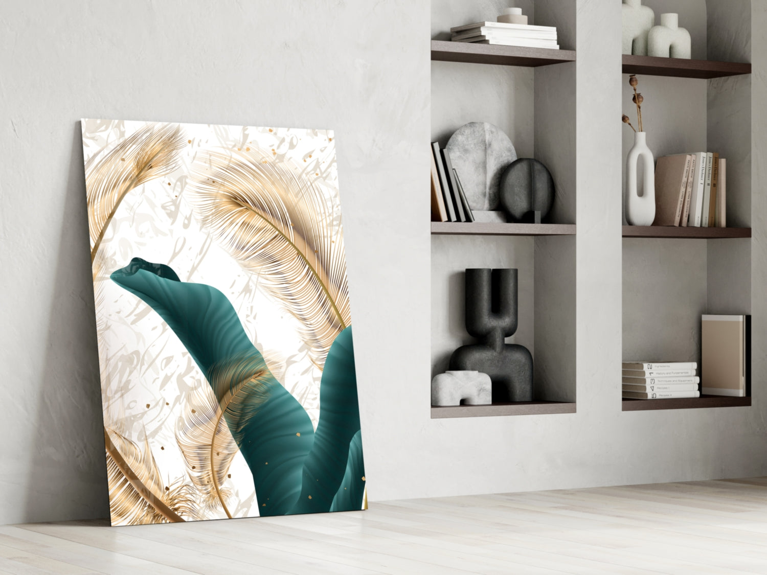 Green Leaves Glass Wall Art leaning against white wall beside shelving unit, featuring teal leaves and gold foliage on white background.