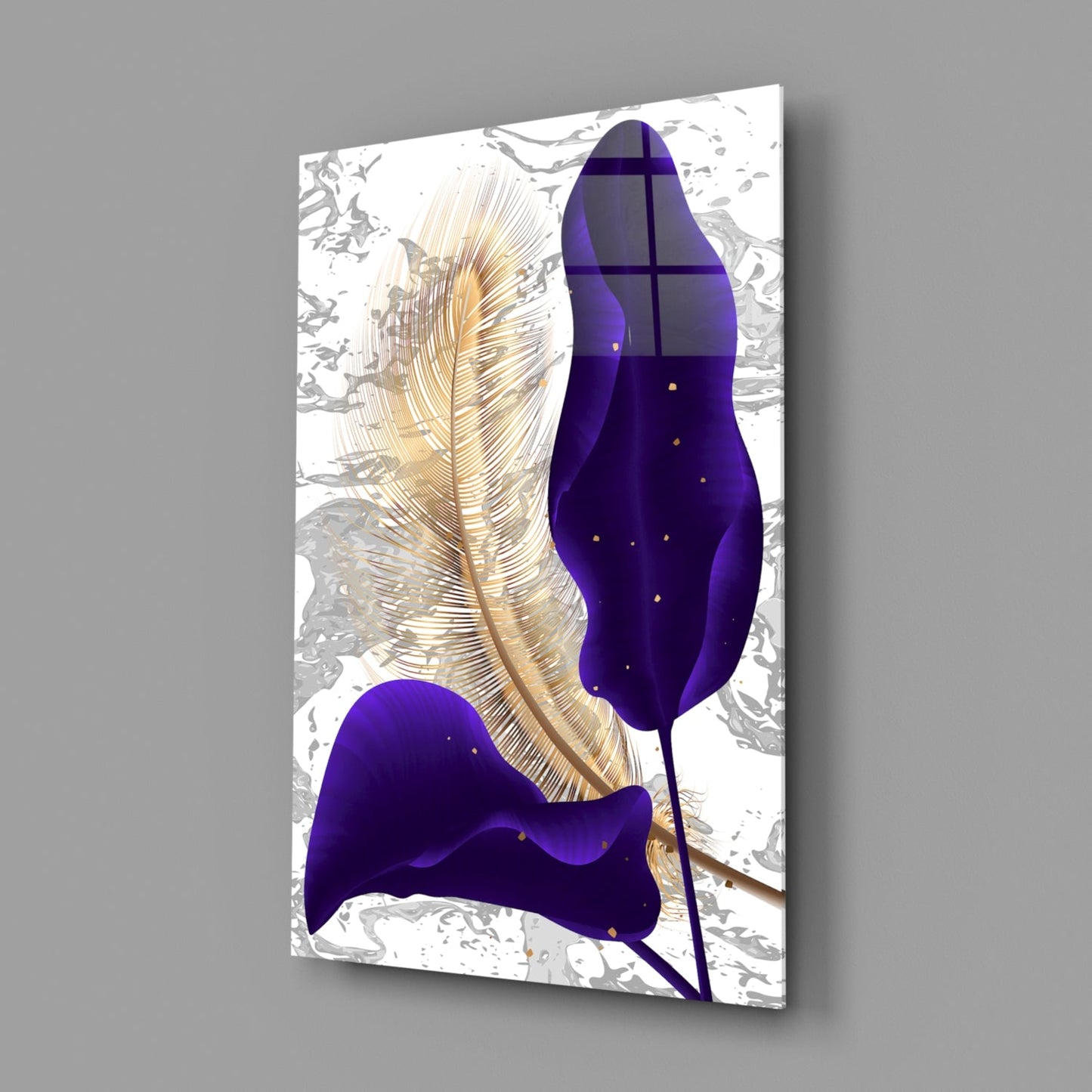Navy Leaf Gold Feather Marble Glass Wall Art