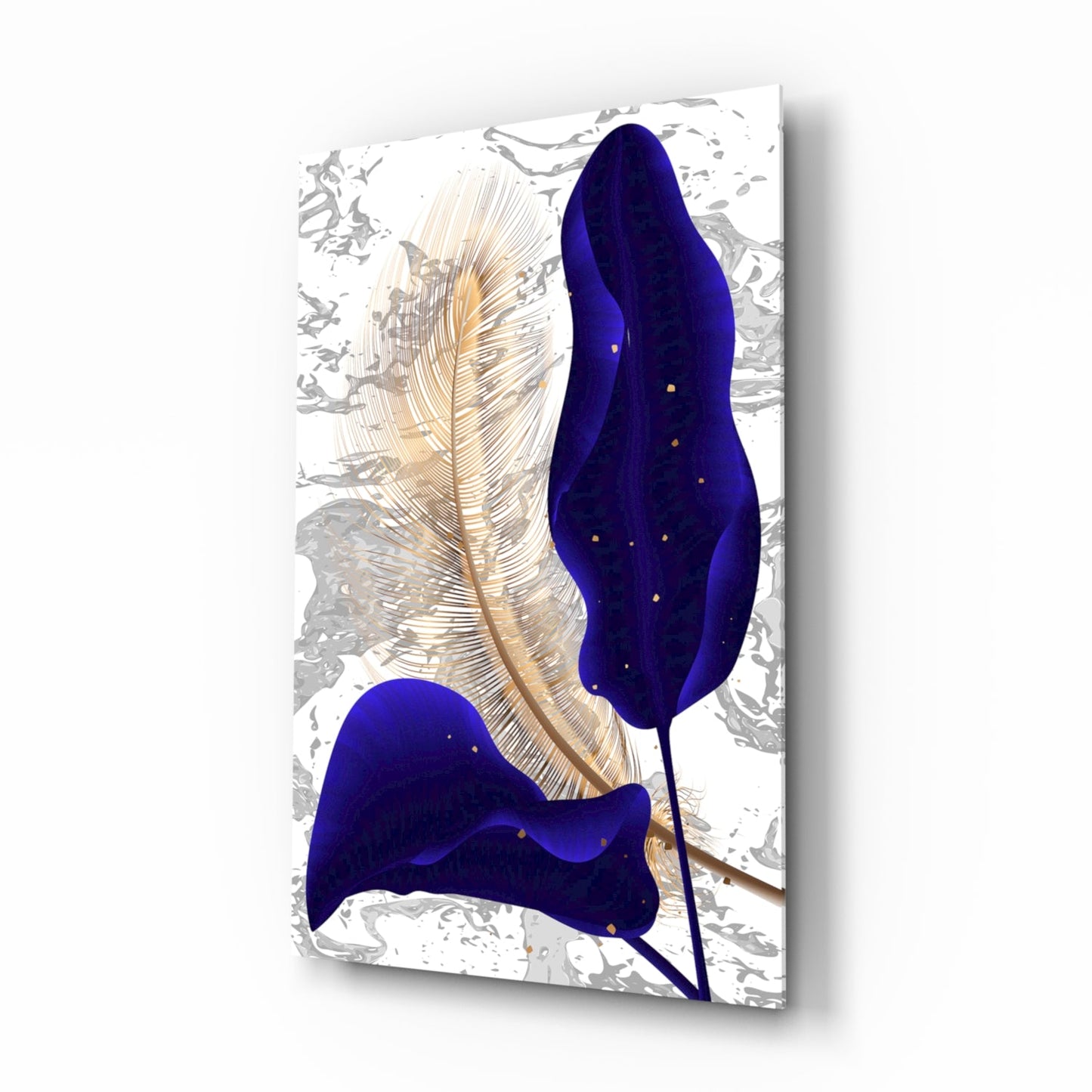 Navy Leaf Gold Feather Marble Glass Wall Art