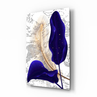 Navy Leaf Gold Feather Marble Glass Wall Art