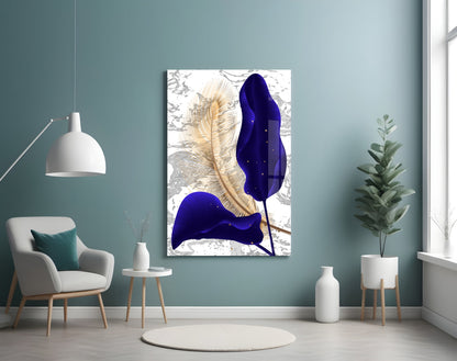 Navy Leaf Gold Feather Marble Glass Wall Art