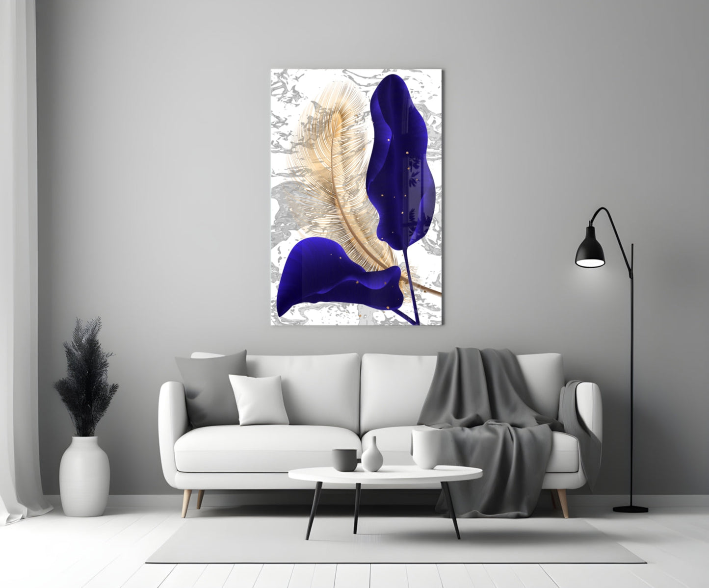 Navy Leaf Gold Feather Marble Glass Wall Art