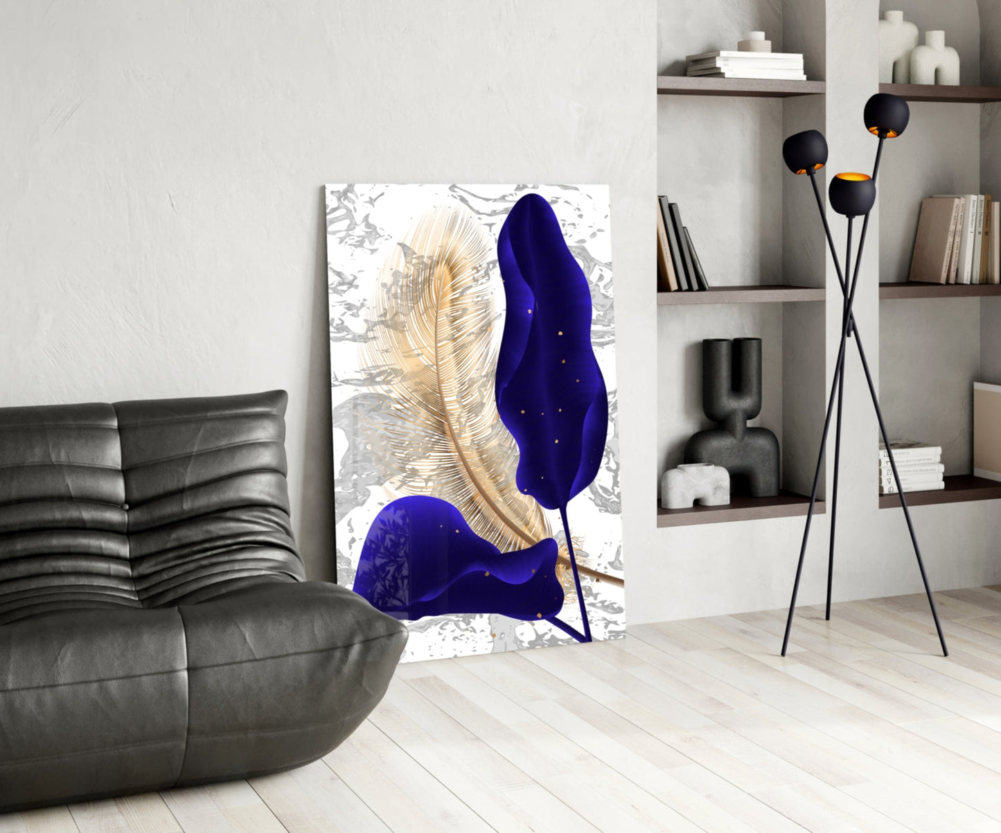 Navy Leaf Gold Feather Marble Glass Wall Art