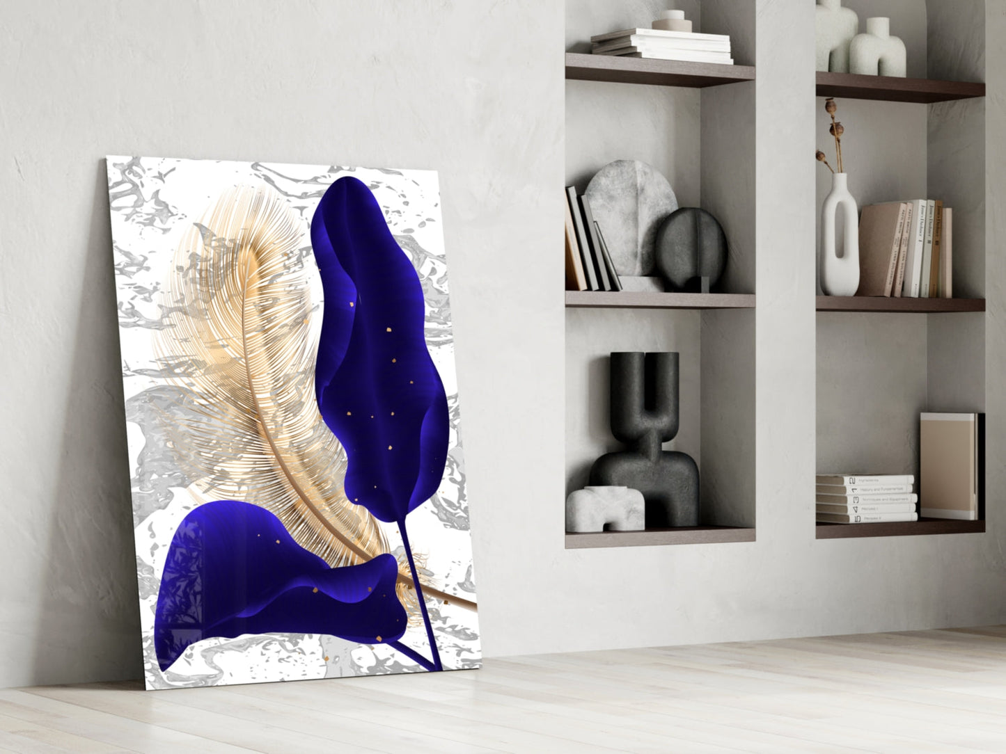 Navy Leaf Gold Feather Marble Glass Wall Art