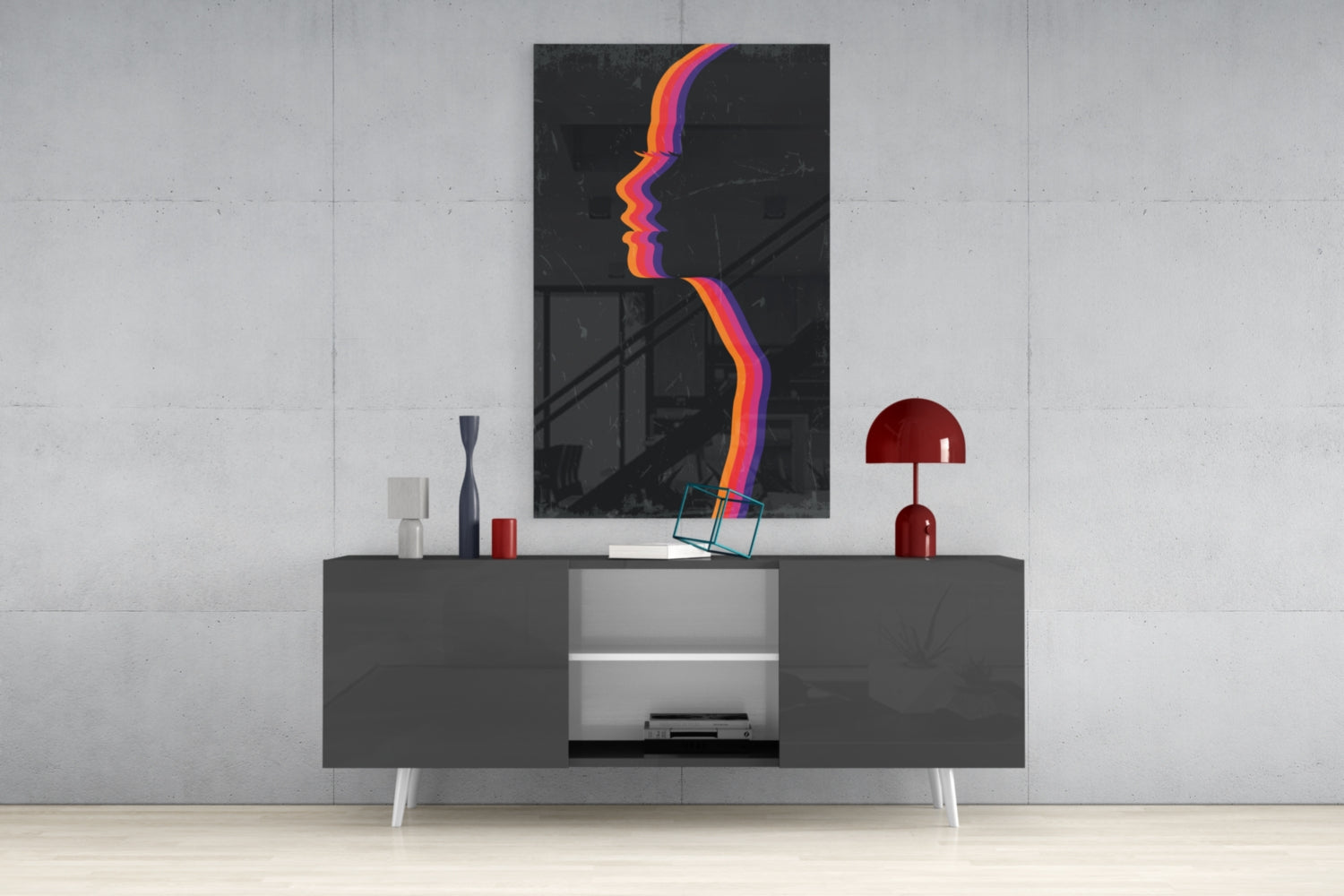 Modern living room display featuring Night Filter Glass Wall Art with vibrant rainbow-colored wavy lines mounted above a dark console table with red and white accessories.