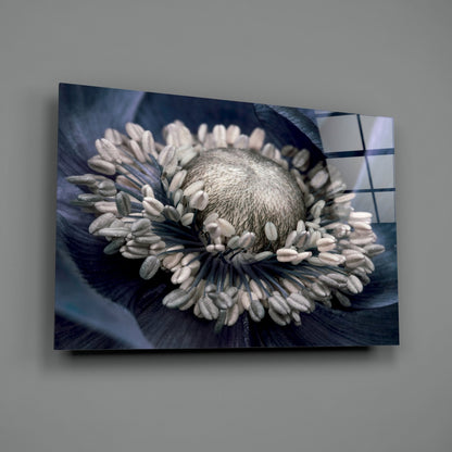 Close-up of gray flower with white stamens on dark petals, printed on glass wall art panel with grid pattern visible on right edge.
