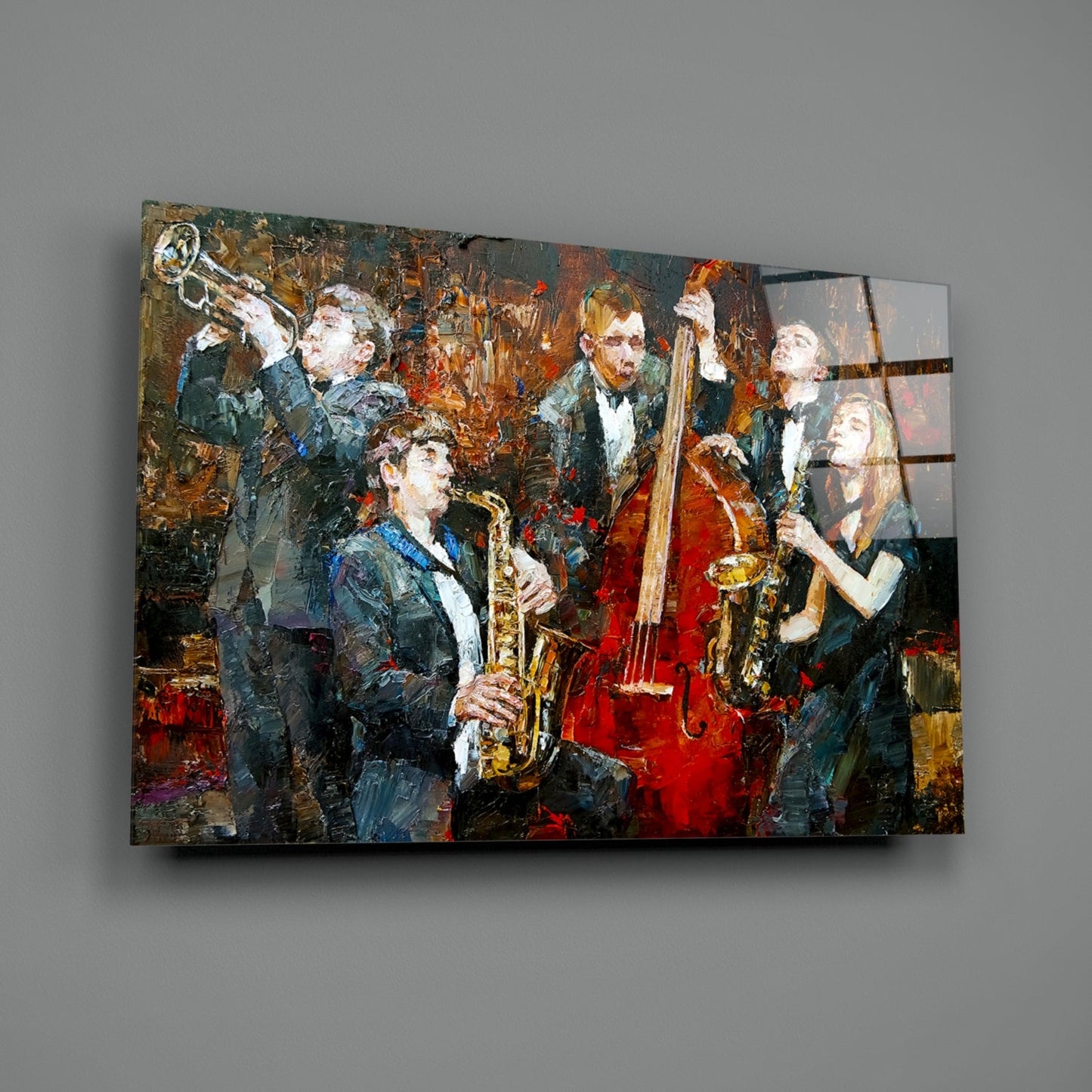 Glass wall art depicting a jazz band with musicians holding saxophones and bass against warm brown and red brushstroke background.