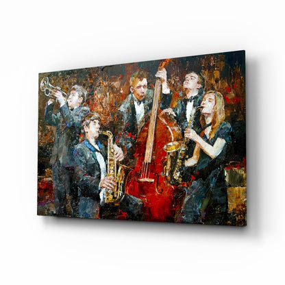 Glass wall art depicting six musicians in dark suits playing brass and string instruments against a richly textured brown and red abstract background.