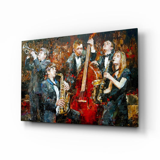 Glass wall art depicting six musicians in dark suits playing brass and string instruments against a richly textured brown and red abstract background.