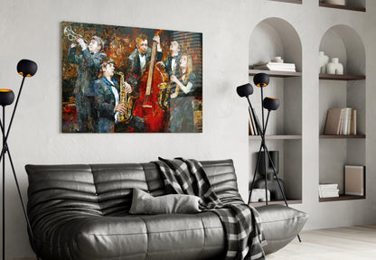 Vibrant glass wall art depicting a jazz band with saxophones and instruments in blue, red, and gold tones, displayed above a black leather sofa.
