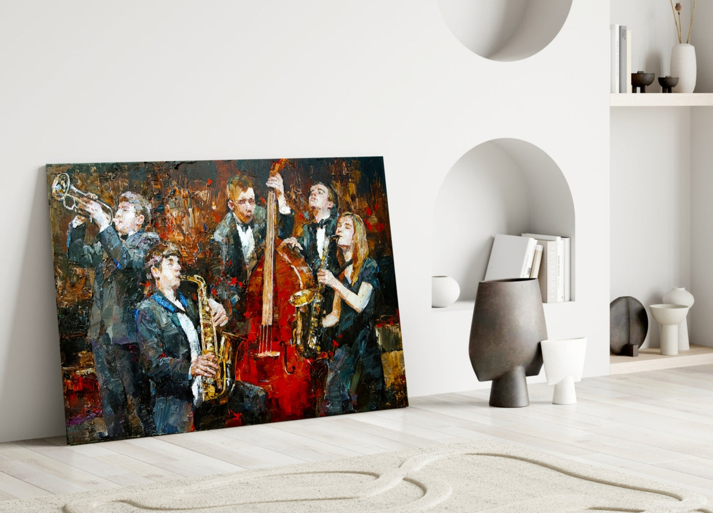 Glass wall art depicting musicians in formal attire playing saxophones and trumpet against dark, textured background with warm gold and red tones, leaning against white interior wall.