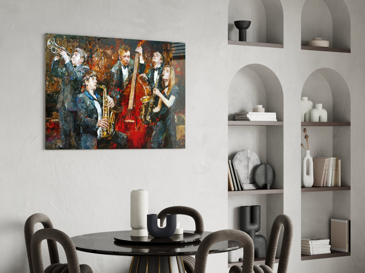 Vibrant glass wall art depicting jazz musicians in dark suits playing saxophones and trumpet against golden-brown background, displayed above black dining table.