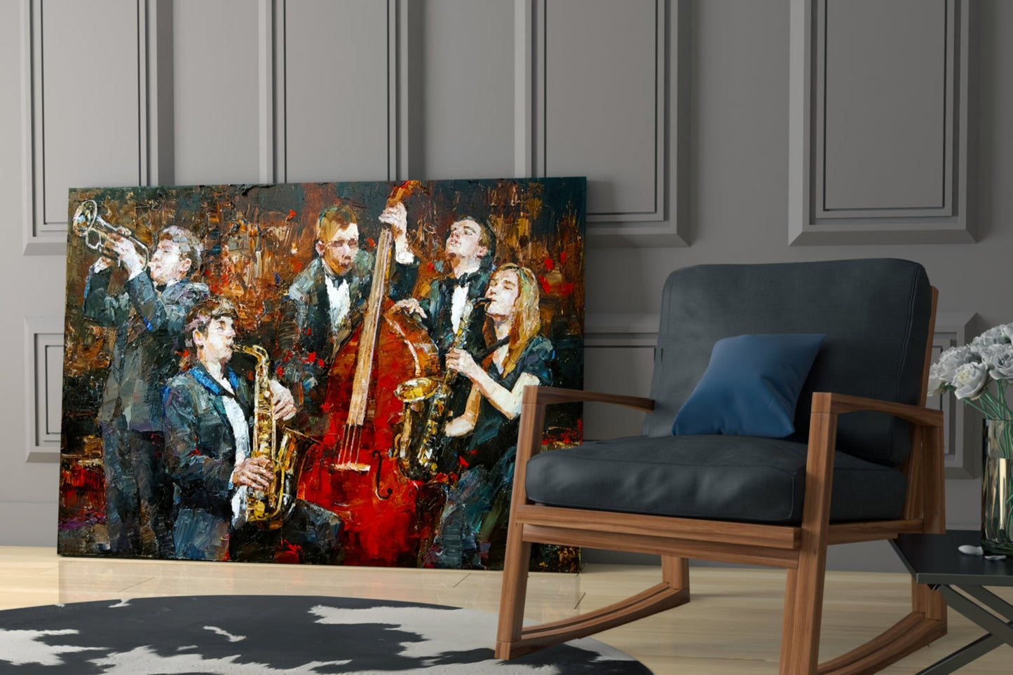 Vibrant glass art depicting jazz musicians in formal attire playing instruments against warm brown and gold tones, displayed in a modern interior.