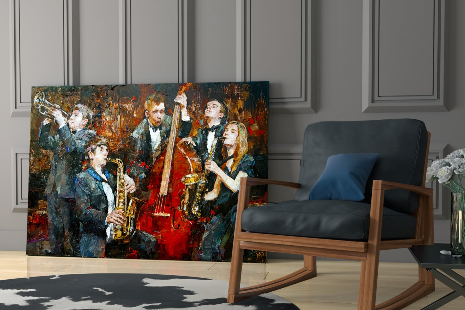 Vibrant glass art depicting jazz musicians in formal attire playing instruments against warm brown and gold tones, displayed in a modern interior.