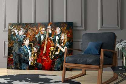 Vibrant glass art depicting jazz musicians in formal attire playing instruments against warm brown and gold tones, displayed in a modern interior.