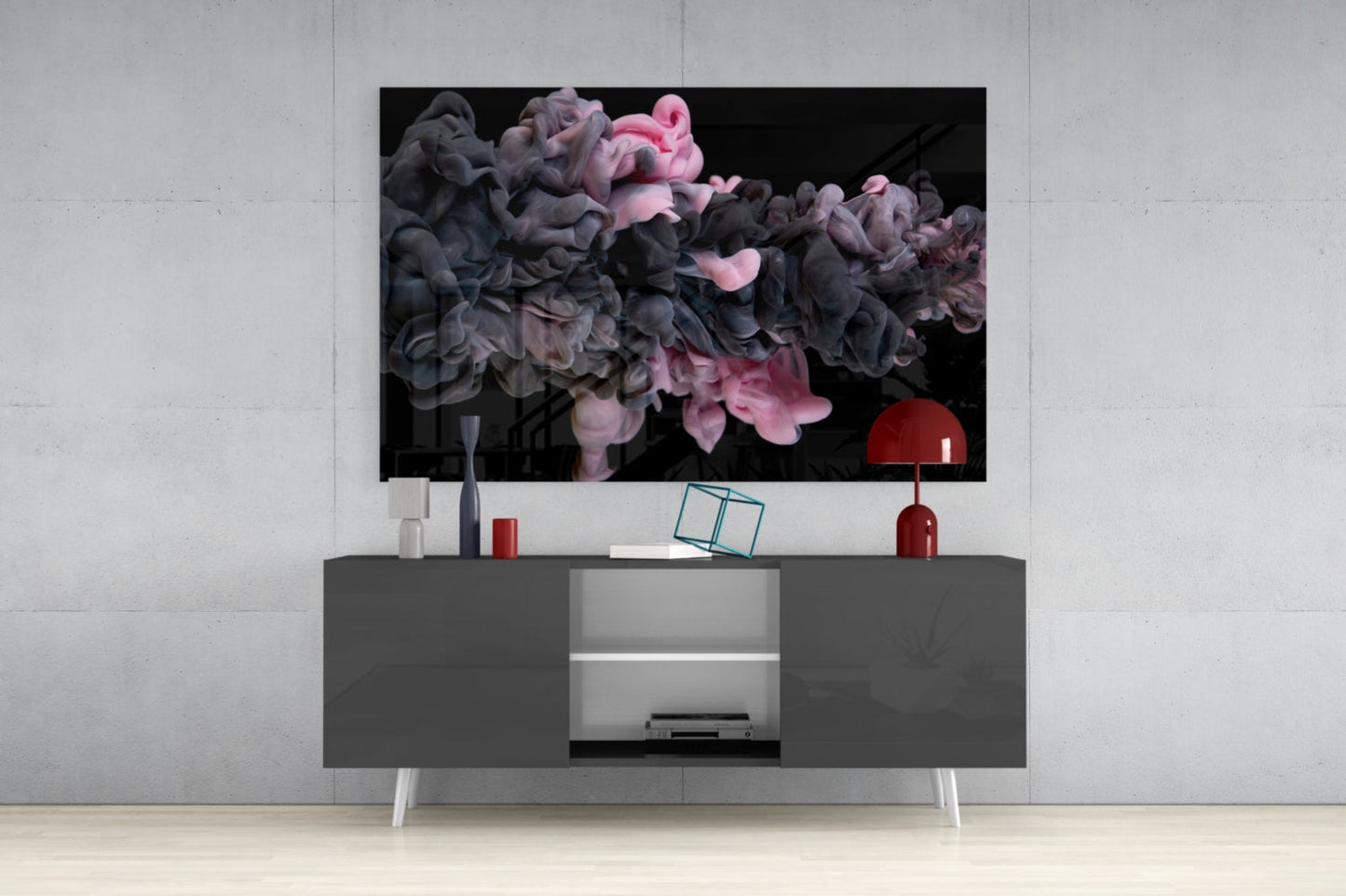 Pink Smoke Glass Wall Art displayed above gray media console in modern living room setting with red lamp and decorative accessories.
