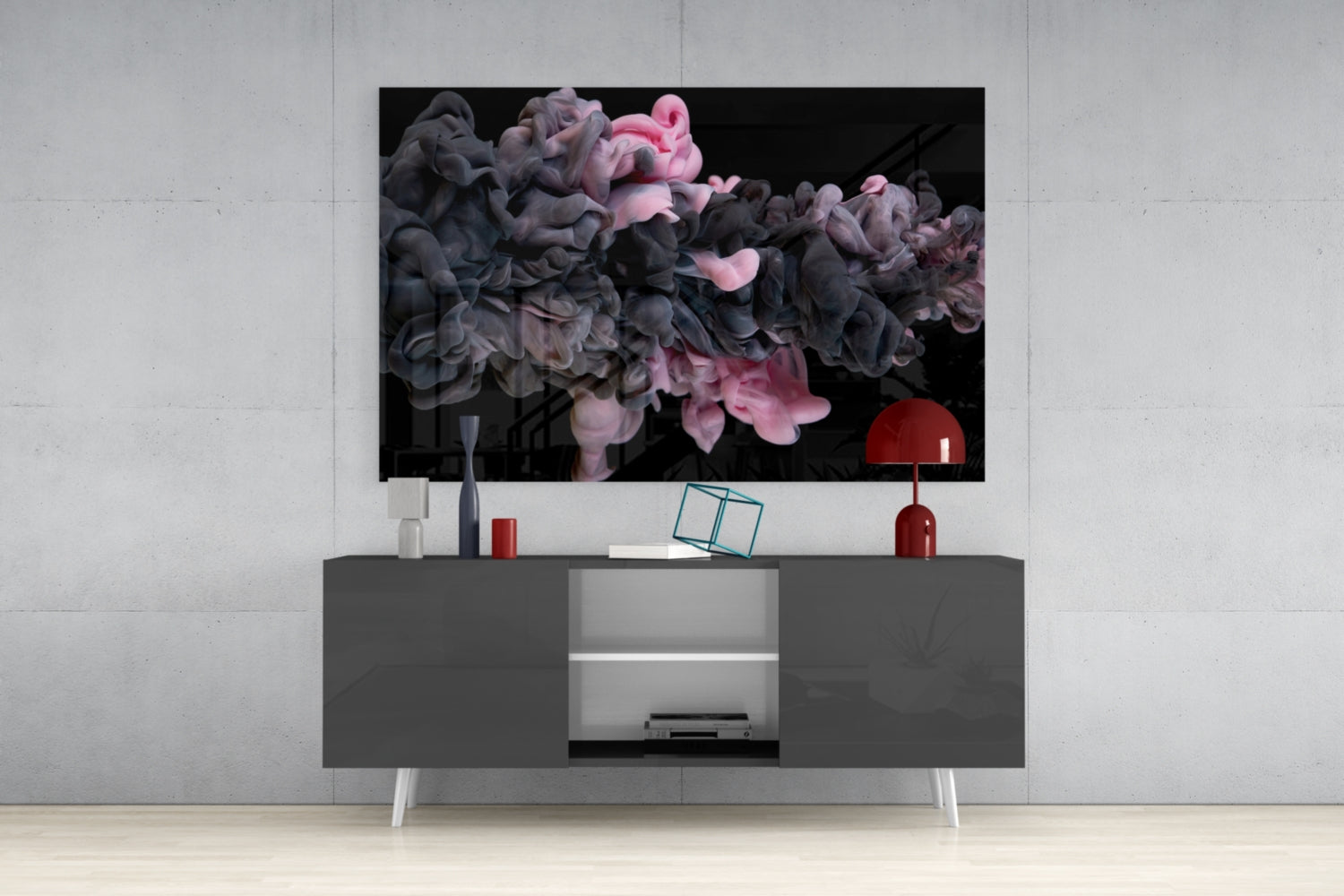 Pink Smoke Glass Wall Art displayed above gray media console in modern living room setting with red lamp and decorative accessories.