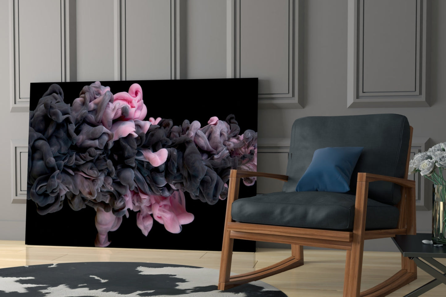 Pink and black ink swirls on glass art displayed in modern living room with wooden chair and paneled walls.