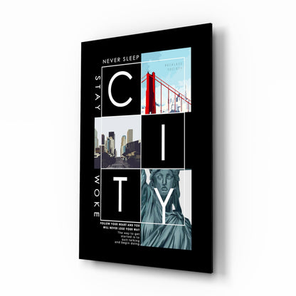City Typography Landmark Collage Poster Glass Wall Art