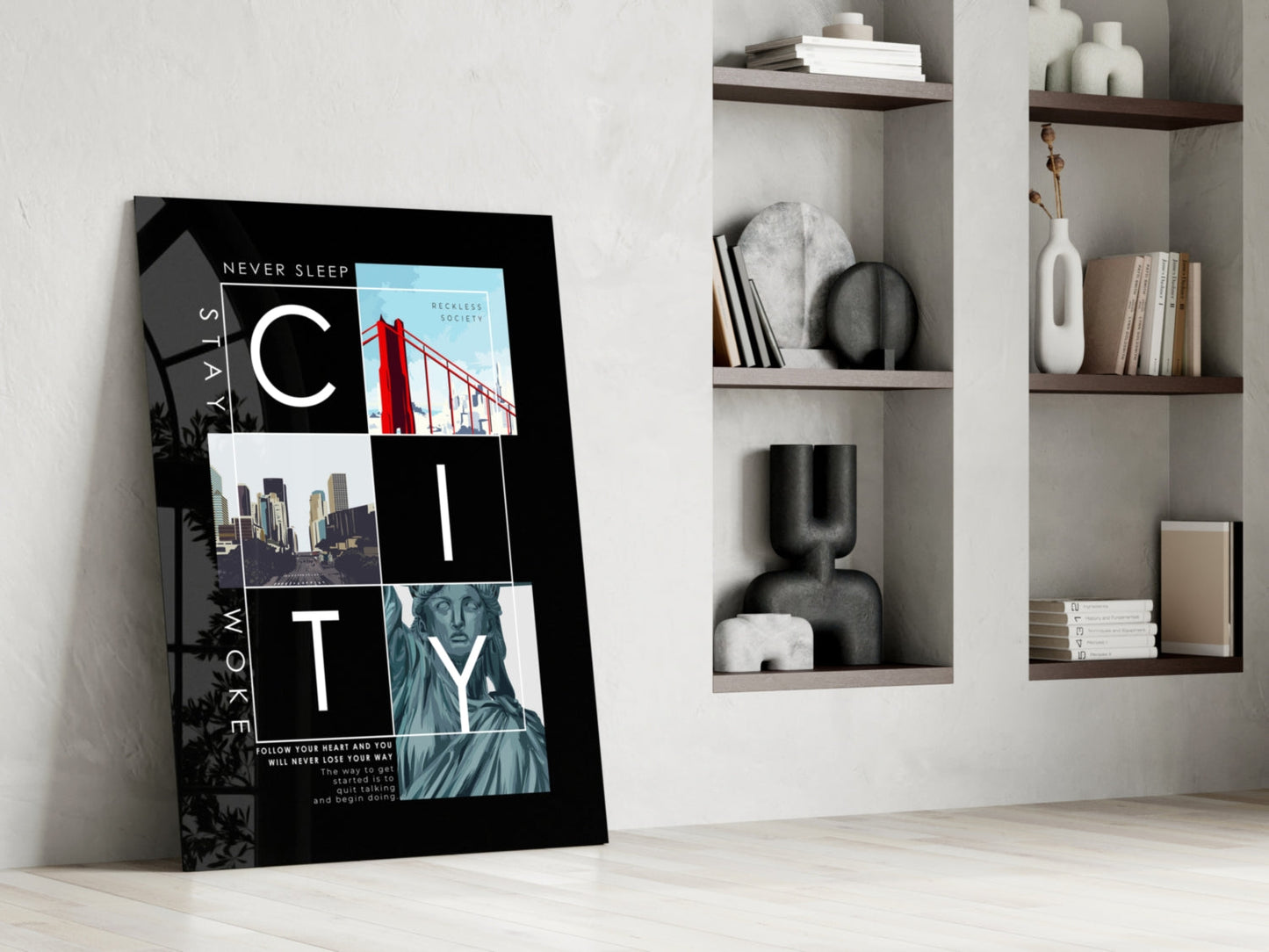 City Typography Landmark Collage Poster Glass Wall Art