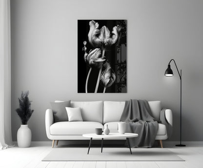 Three Parrot Tulips on Black Glass Wall Art