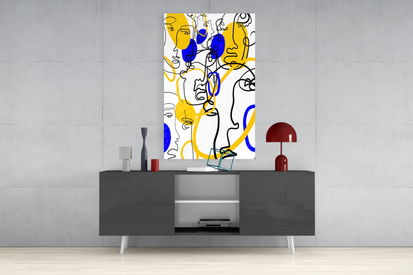 Yellow and Blue One Line Faces Glass Wall Art
