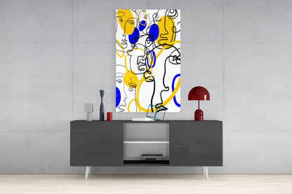 Yellow and Blue One Line Faces Glass Wall Art