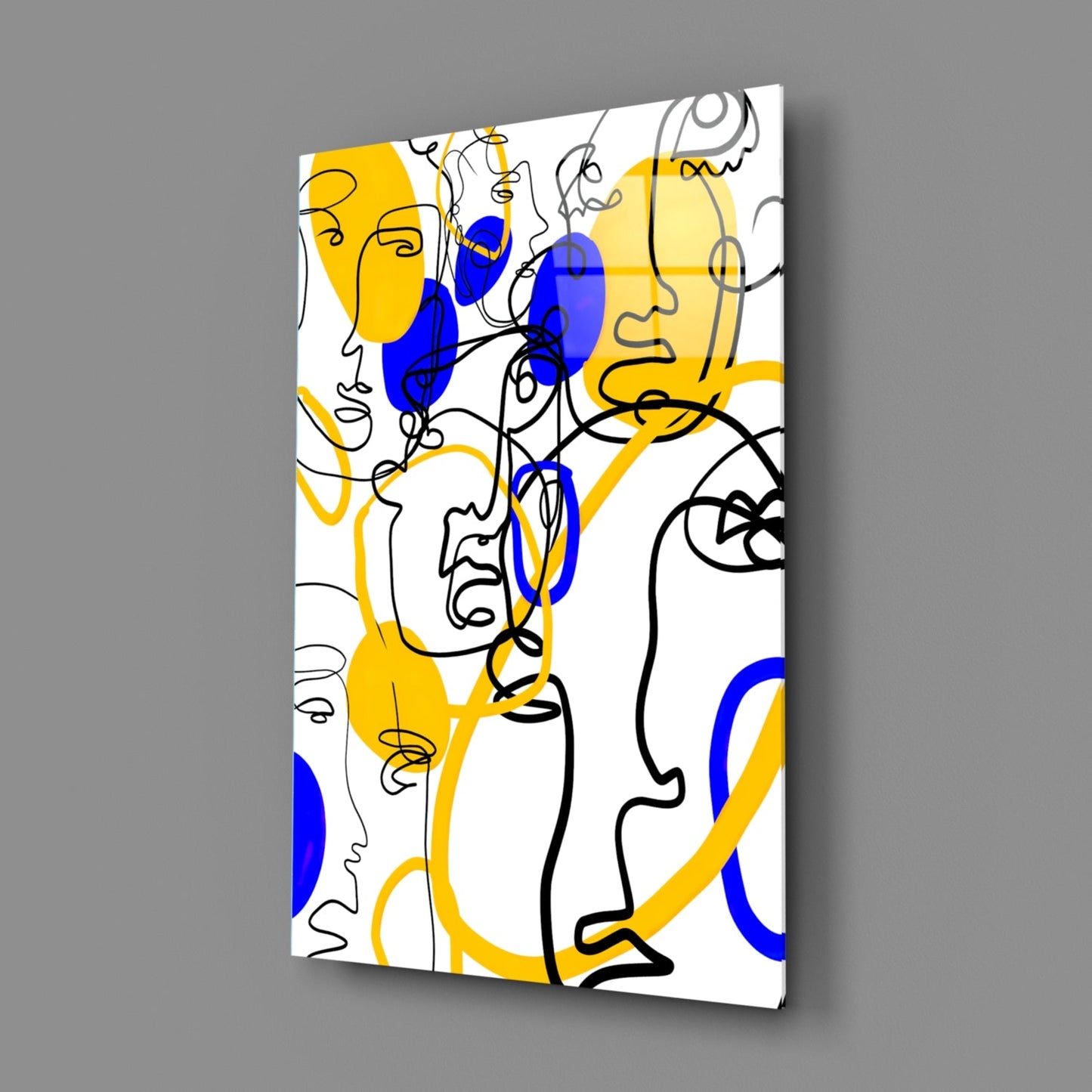 Yellow and Blue One Line Faces Glass Wall Art