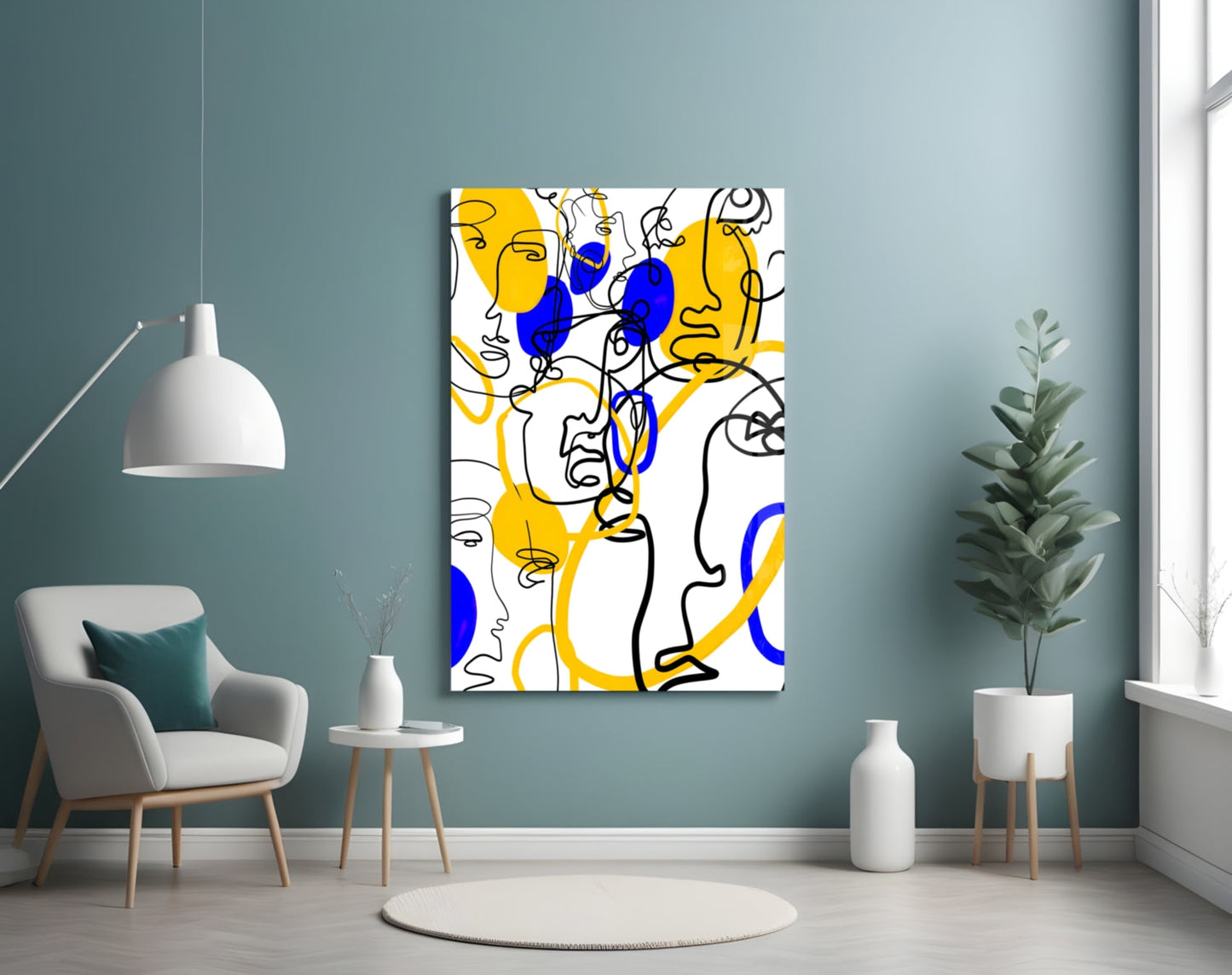 Yellow and Blue One Line Faces Glass Wall Art