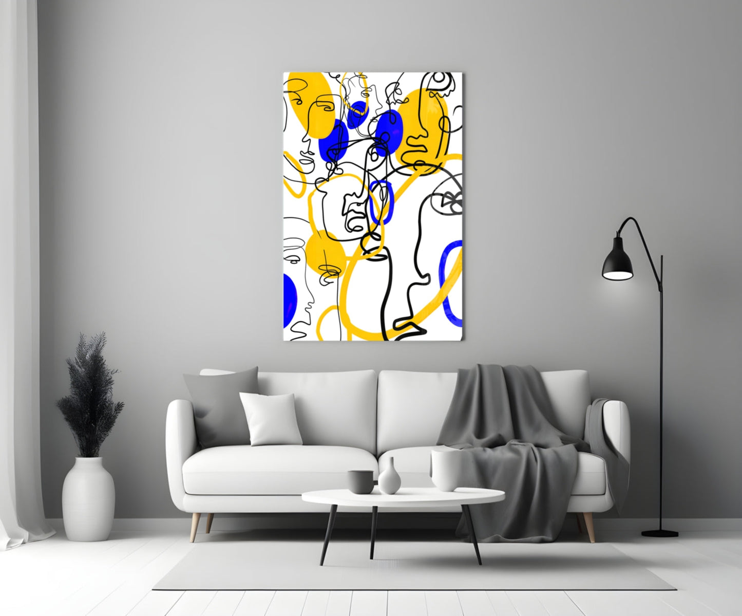 Yellow and Blue One Line Faces Glass Wall Art